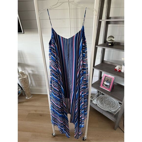 BEBE Dress Striped Blue Coral Black Sheer Sun Dress w Pockets & V Neck Women’s X - Picture 6 of 9